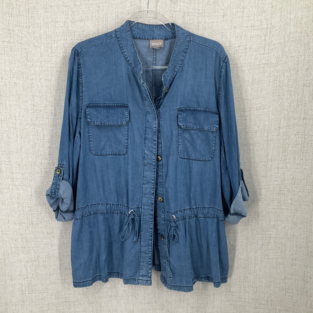 Chico's Utility Jacket Womens 1 Medium Blue Denim Drawstring Waist Roll Tab Boho